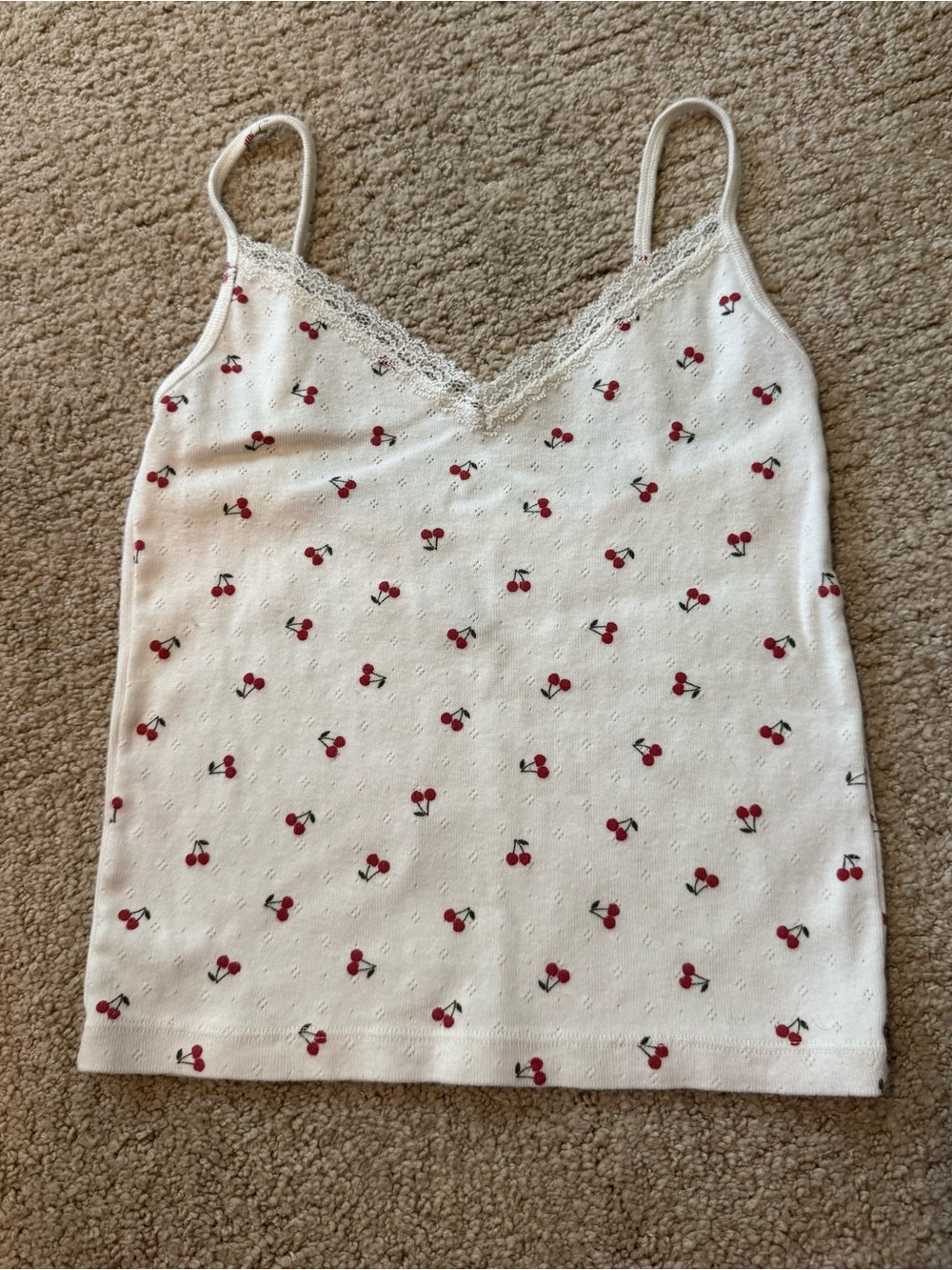 Brandy Melville White Cherry-Print Lace Trim Camisole